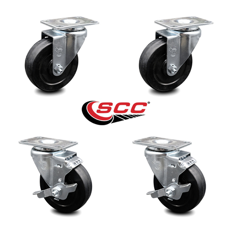 Service Caster 4 Inch Soft Rubber Wheel Swivel Top Plate Caster Set with 2 Brakes SCC SCC-20S414-SRS-2-TLB-2